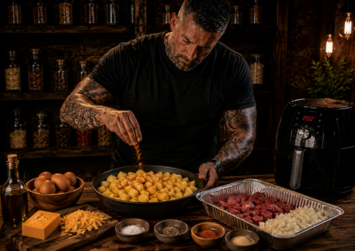 Air-Fryer Steakhouse Breakfast Hash Boxes preparation stage