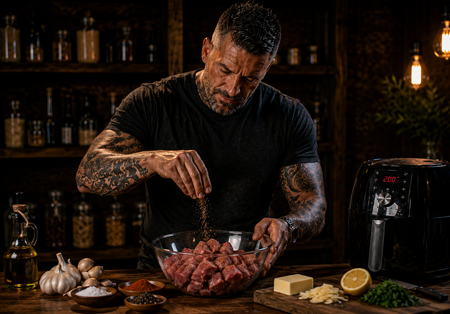 Air-Fryer Steakhouse Garlic Butter Beef Bites preparation stage