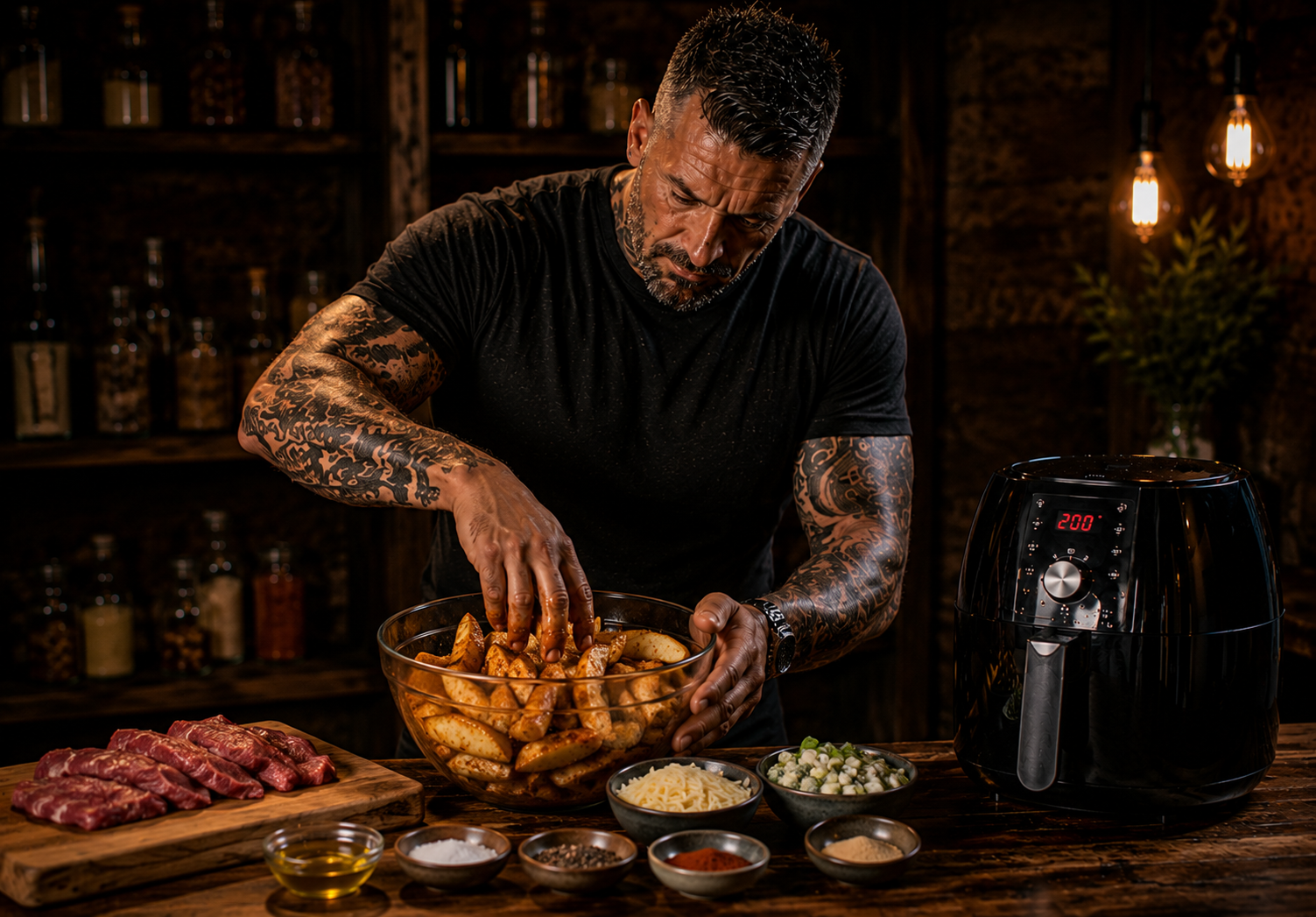 Air-Fryer Steak & Blue Cheese Loaded Wedges preparation stage