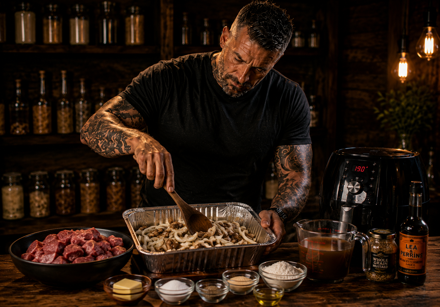 Air-Fryer Steak & Mushroom Pub Gravy Pots preparation stage