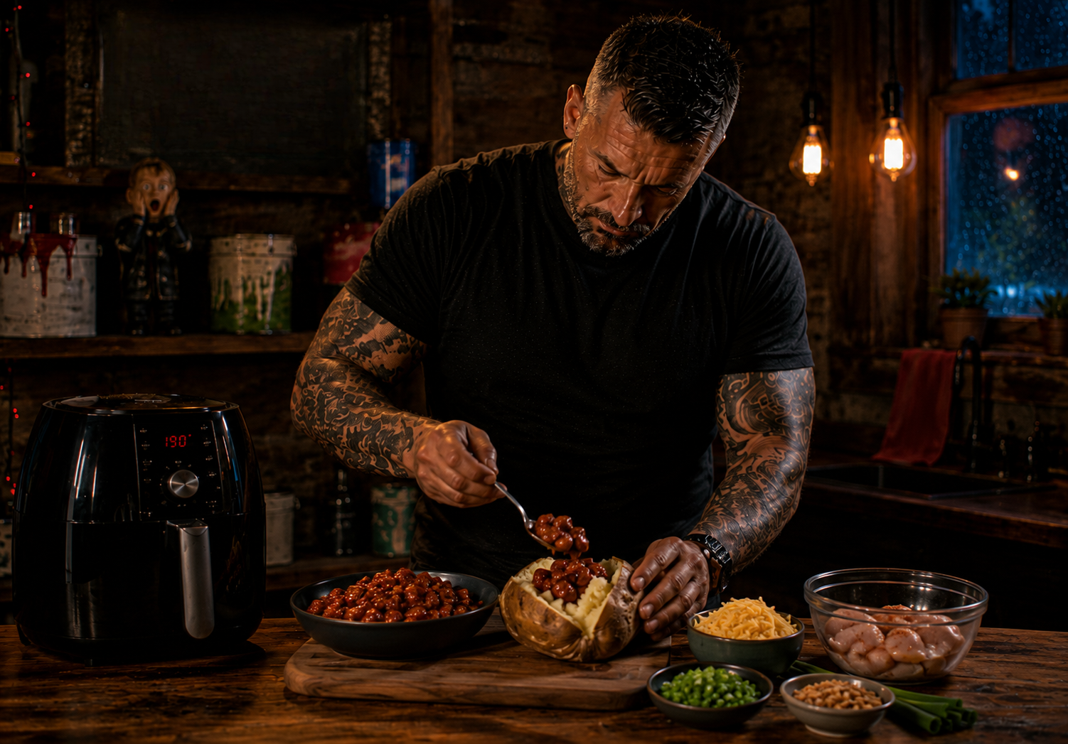 Air-Fryer Sticky Bbq Chicken Loaded Potato preparation stage