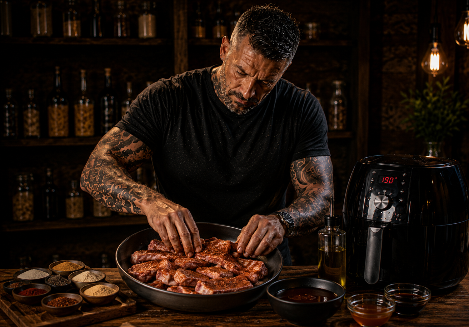 Air-Fryer Sticky BBQ Pork Riblet Trays preparation stage