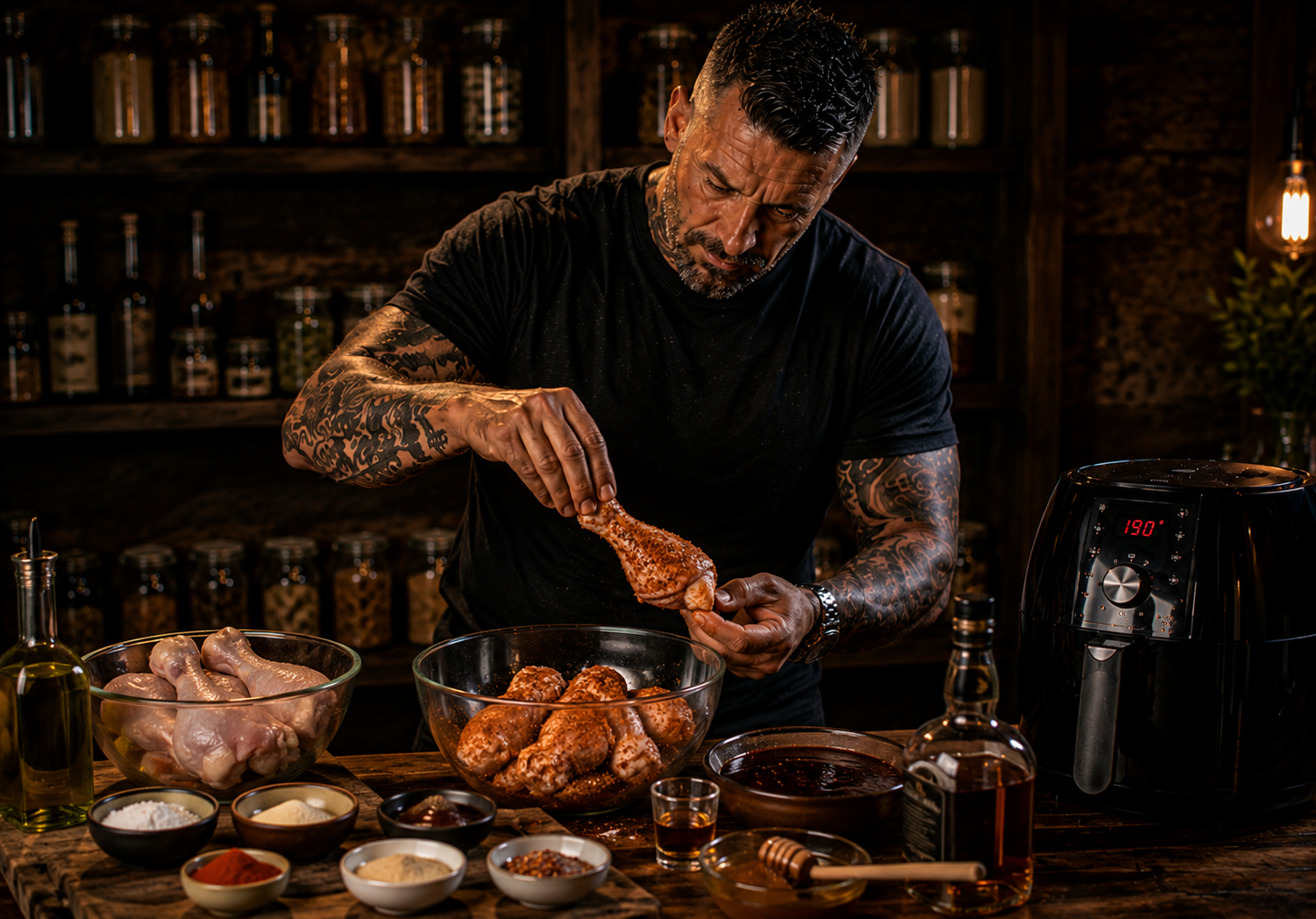 Air-Fryer Sticky Bourbon BBQ Chicken Drumsticks preparation stage