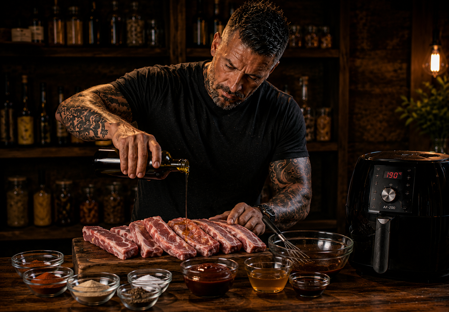 Air-Fryer Sticky Bourbon BBQ Rib Bites preparation stage