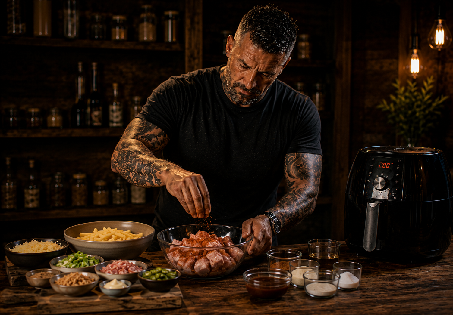 Air Fryer Sticky Bourbon Pork Belly Fries preparation stage