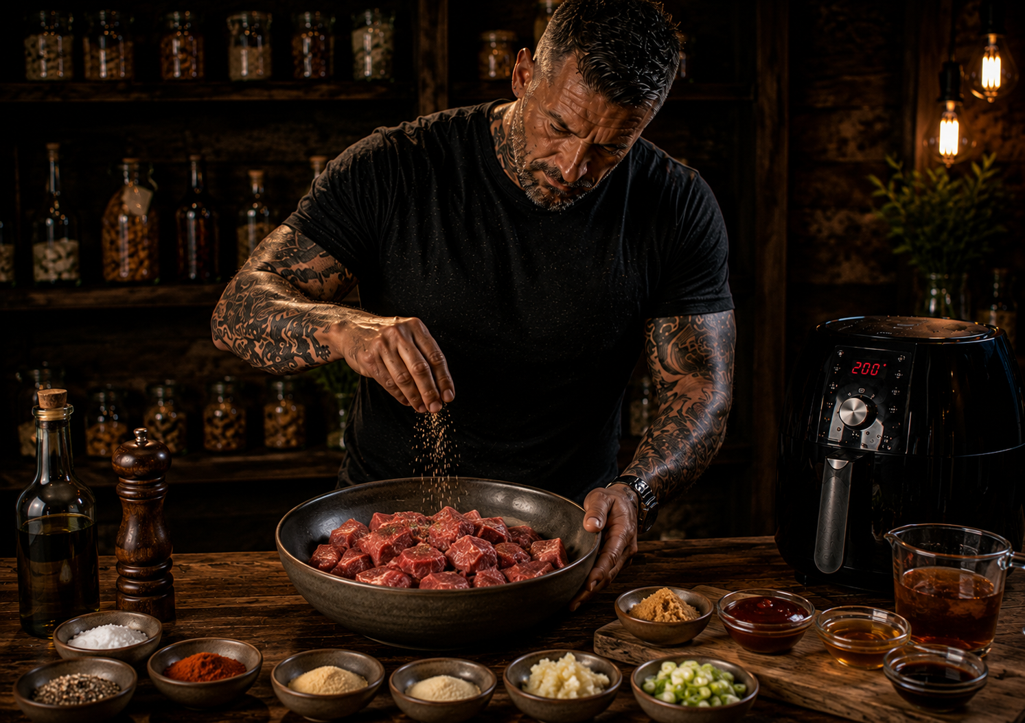 Air-Fryer Sticky Bourbon Steak Bites preparation stage