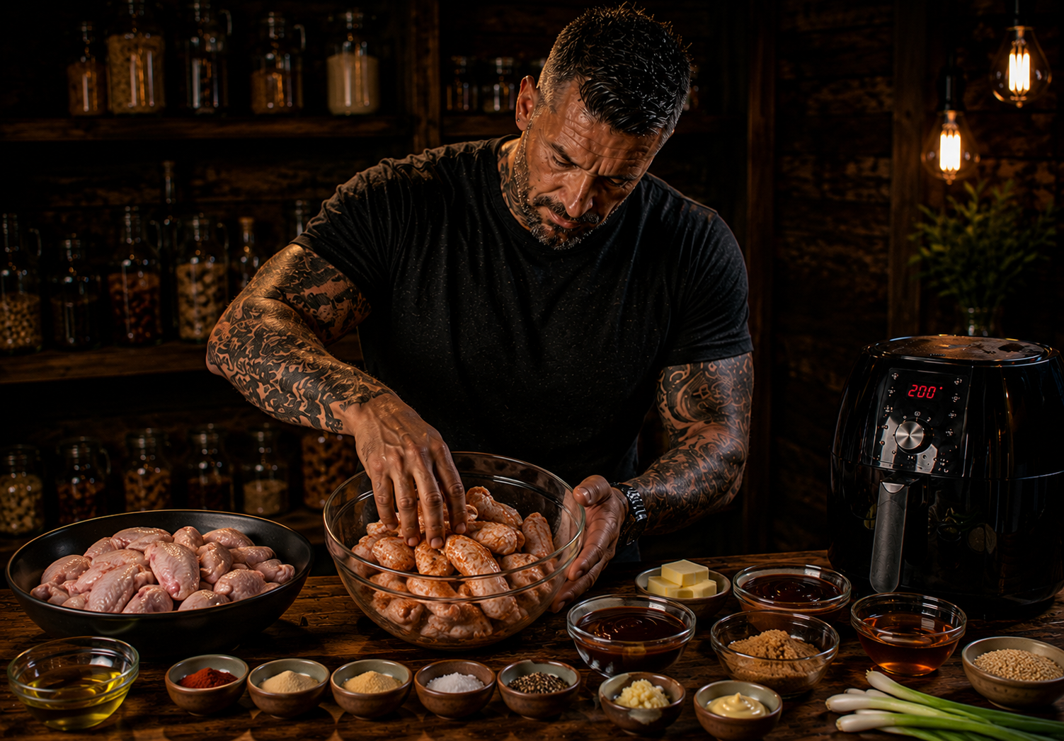 Air-Fryer Sticky Bourbon-Style Chicken Wings preparation stage