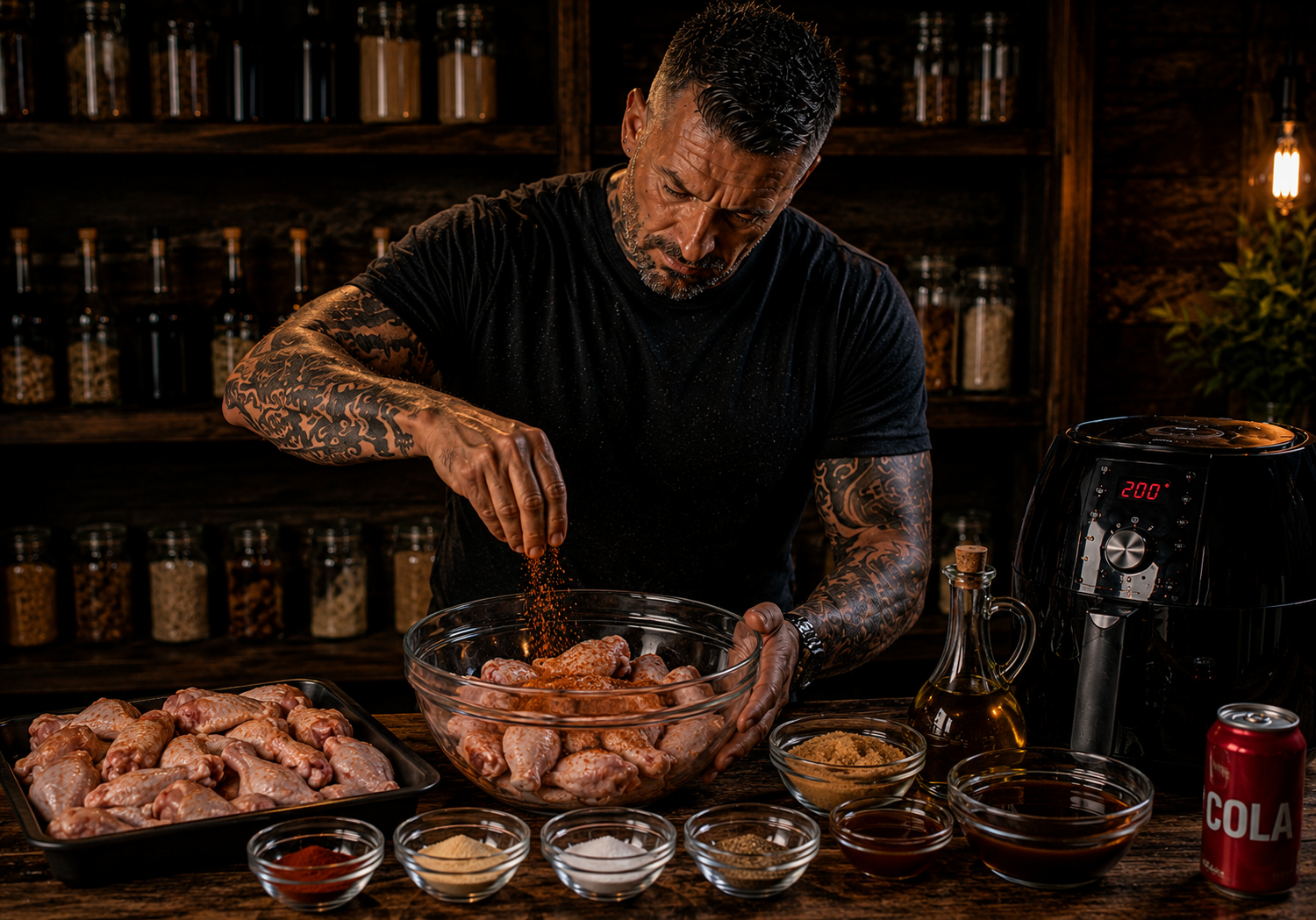 Air-Fryer Sticky Cola BBQ Chicken Wings preparation stage