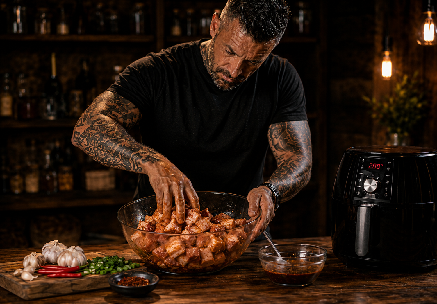 Air-Fryer Sticky Honey Garlic Pork Belly Bites preparation stage