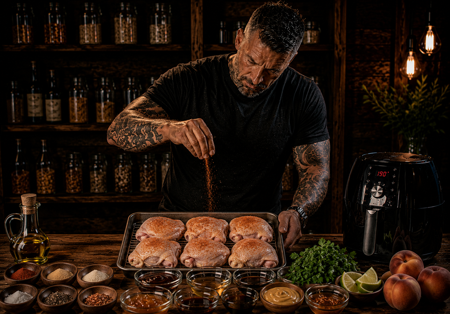 Air Fryer Sticky Peach BBQ Chicken Thighs preparation stage