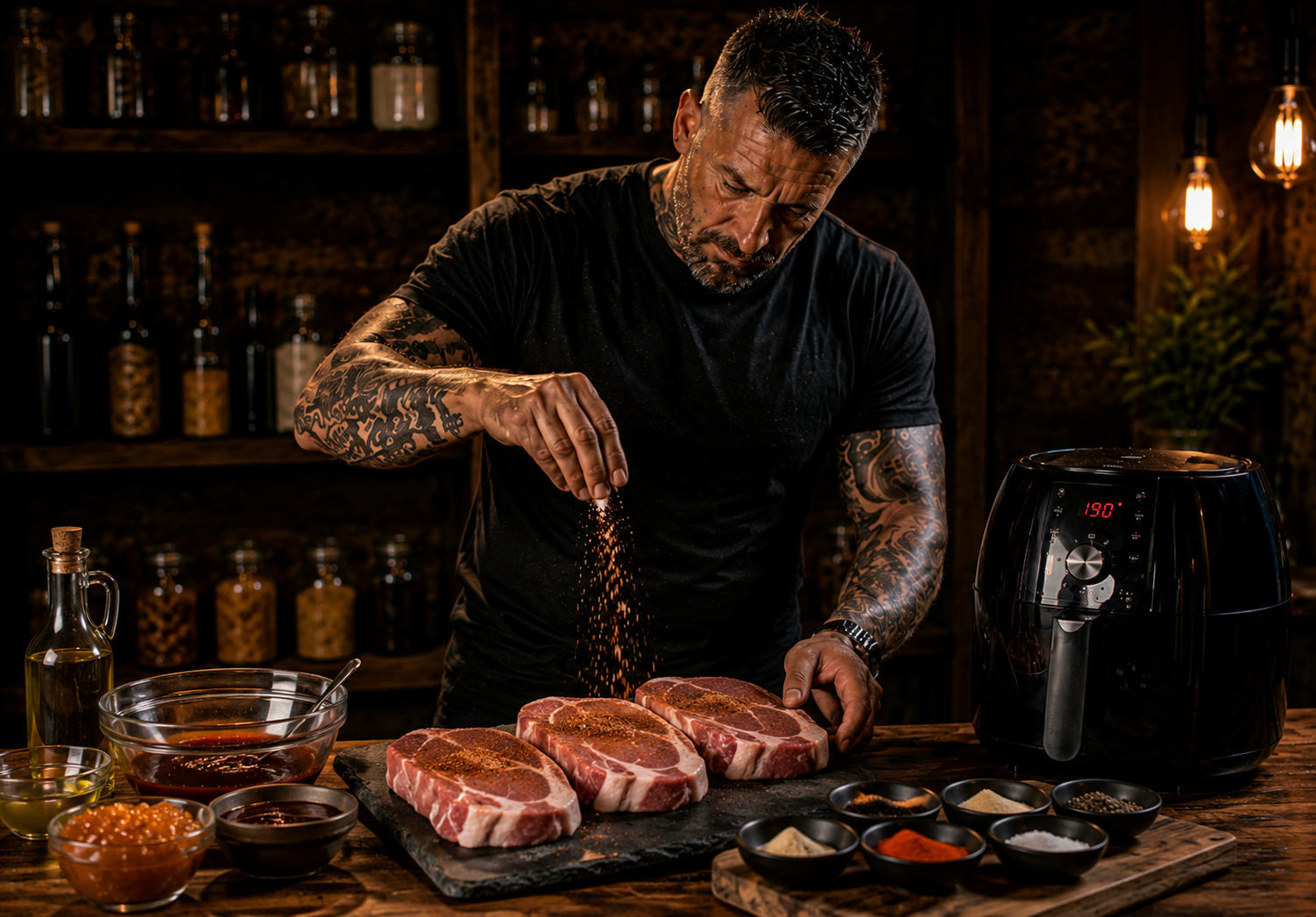 Air-Fryer Sticky Peach BBQ Pork Steaks preparation stage