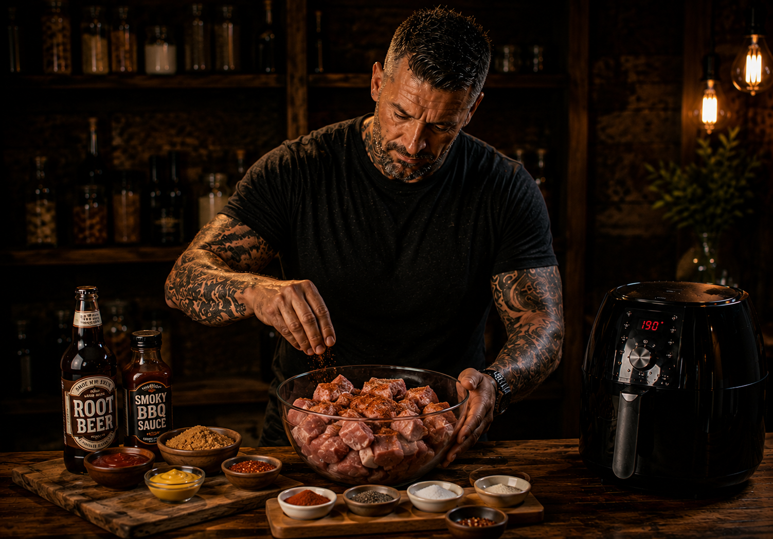 Air Fryer Sticky Root Beer BBQ Pork Bites preparation stage
