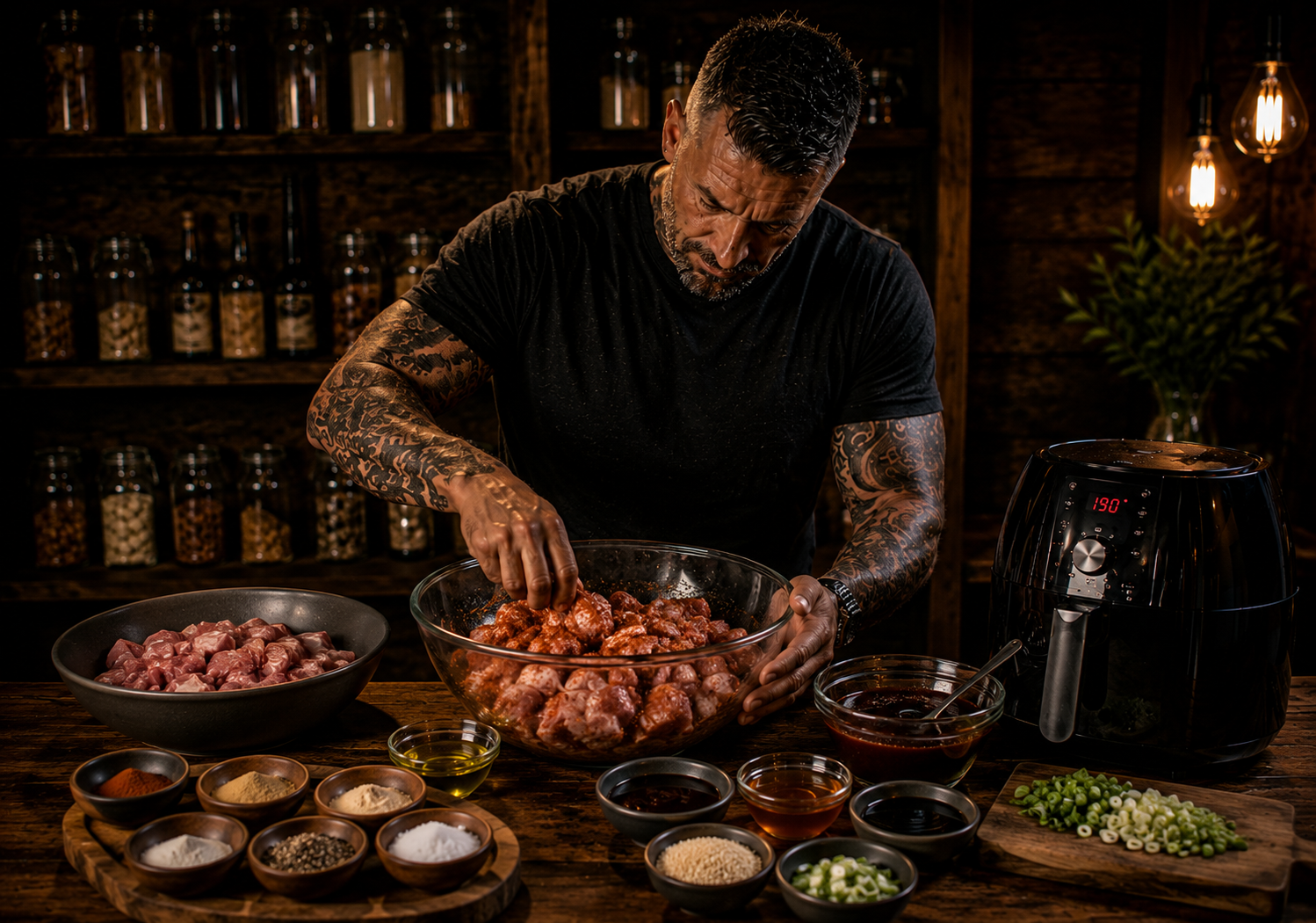 Air Fryer Sticky Teriyaki BBQ Pork Bites preparation stage