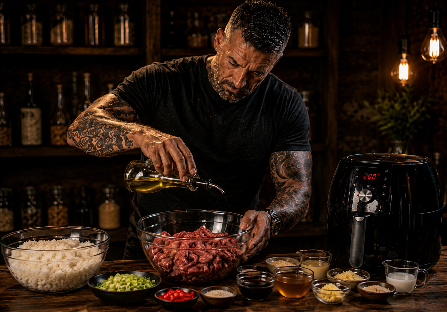 Air-Fryer Sticky Teriyaki Beef Rice Boxes preparation stage