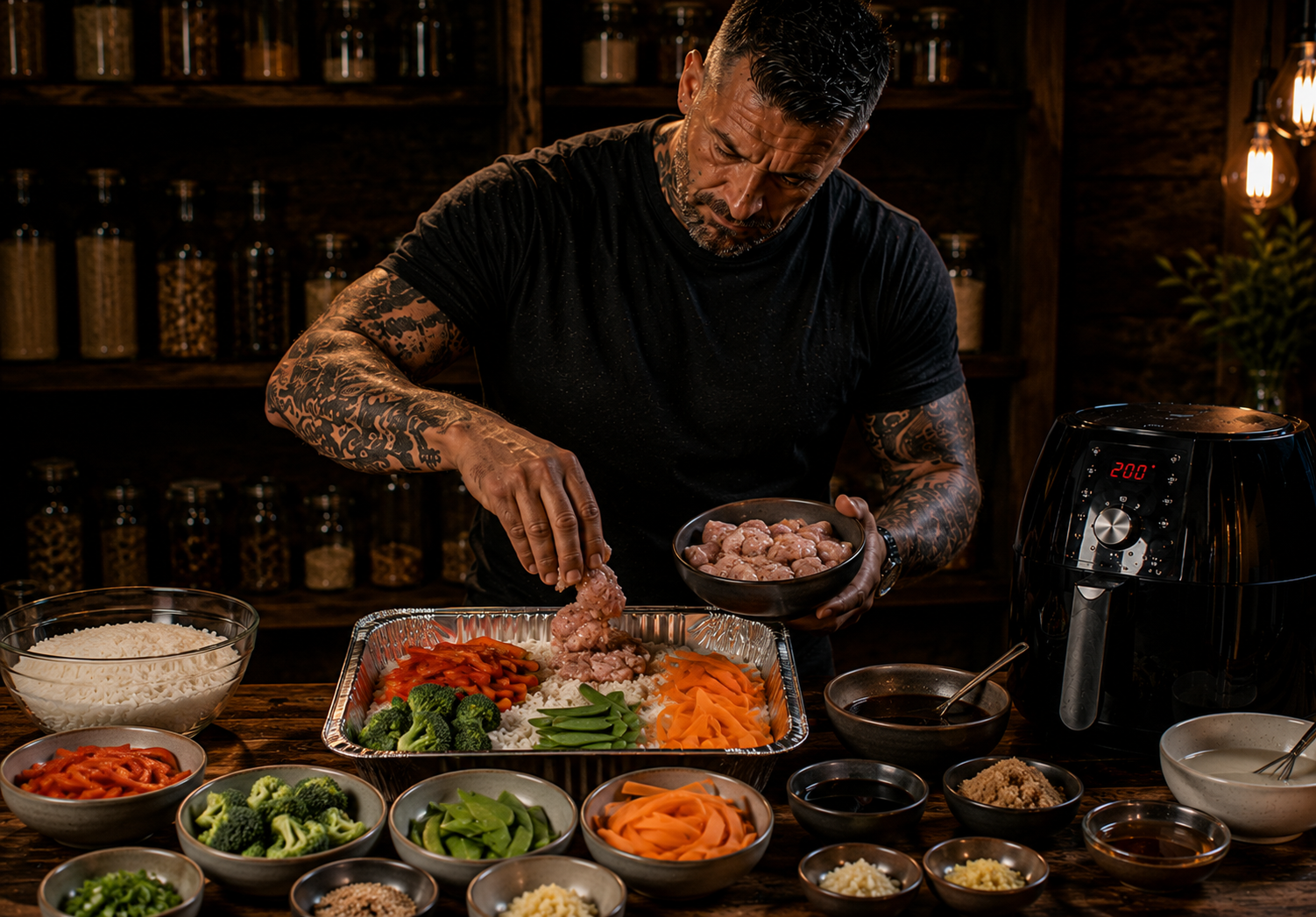 Air-Fryer Sticky Teriyaki Chicken Rice Trays preparation stage