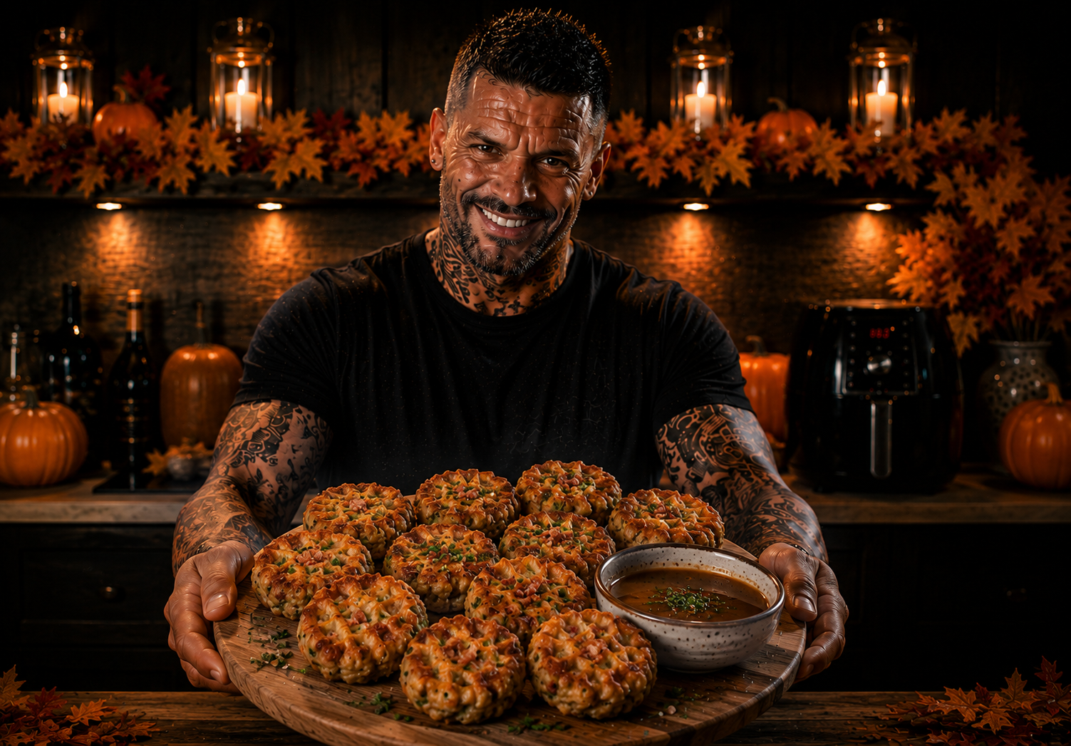 AIR-FRYER STUFFING WAFFLE BITES WITH GRAVY DIP