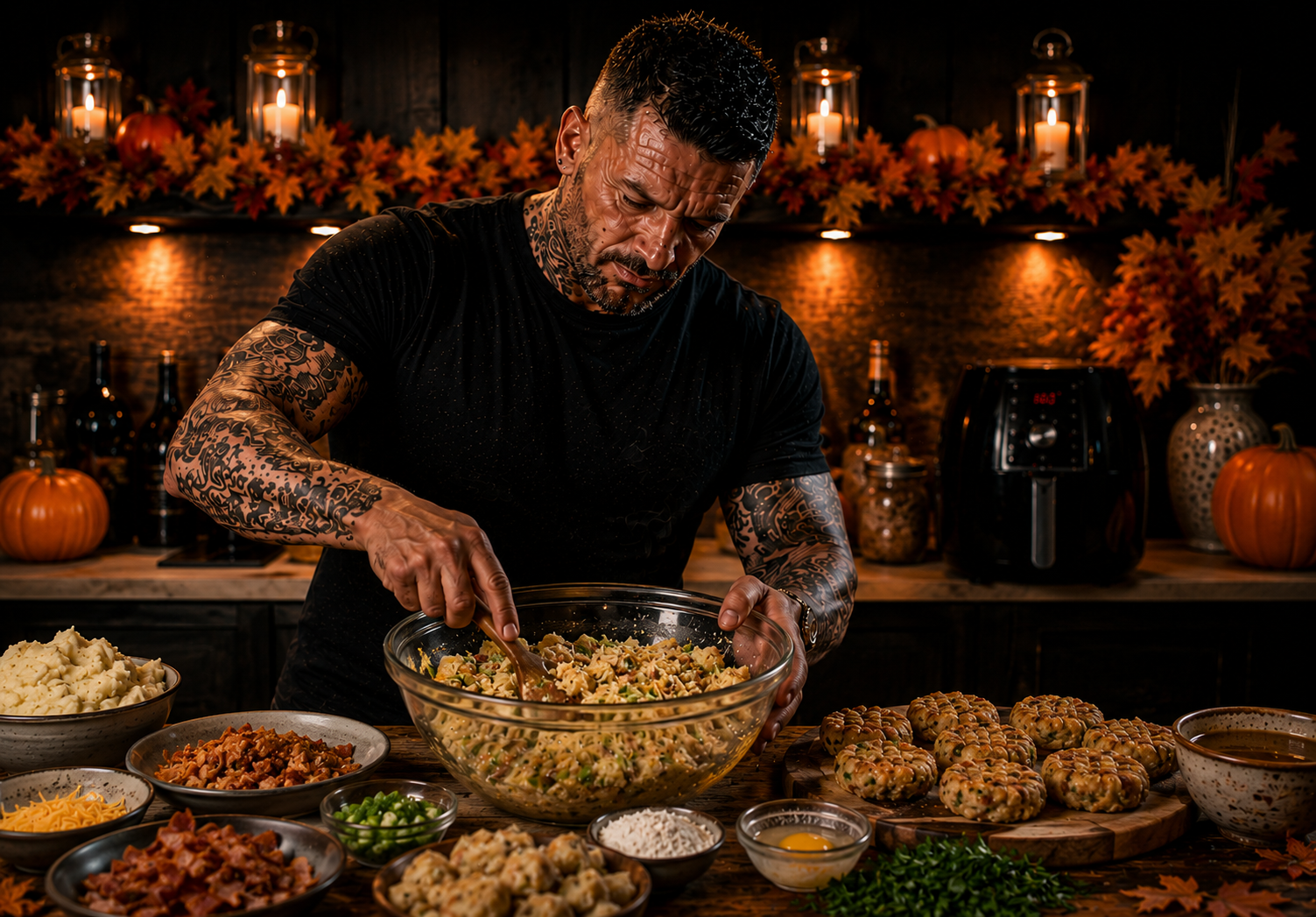 AIR-FRYER STUFFING WAFFLE BITES WITH GRAVY DIP preparation stage