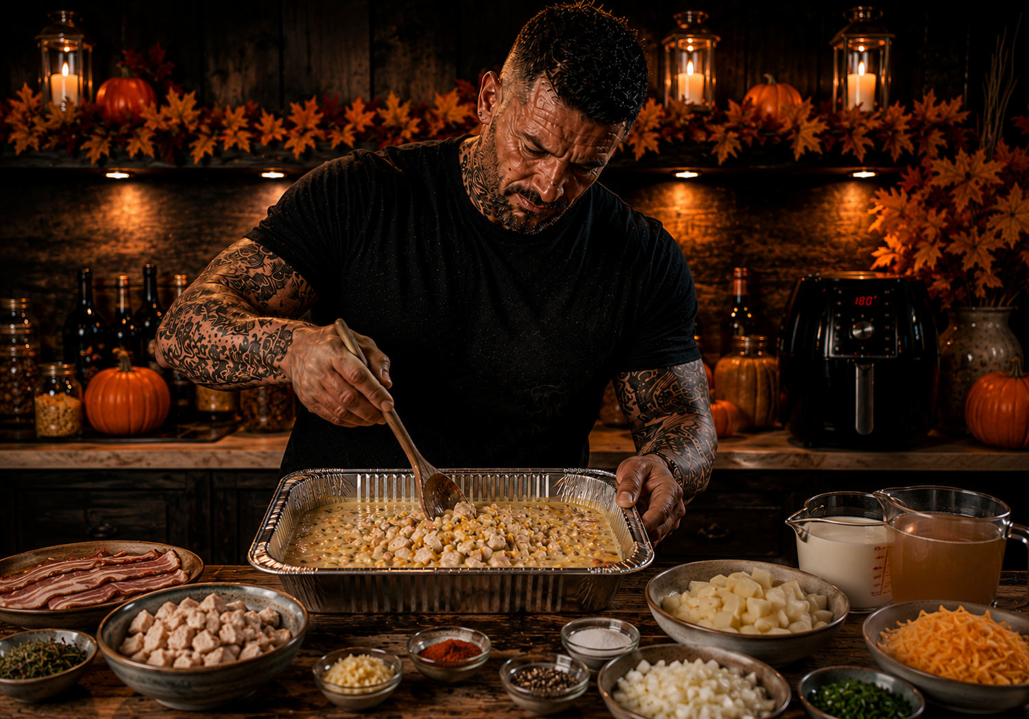 AIR-FRYER SWEETCORN & TURKEY CHOWDER POTS preparation stage