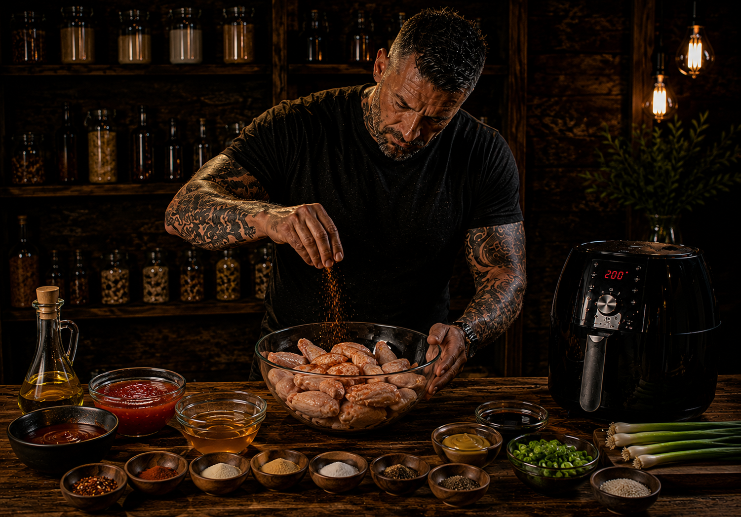 Air Fryer Sweet Chilli BBQ Chicken Wings preparation stage
