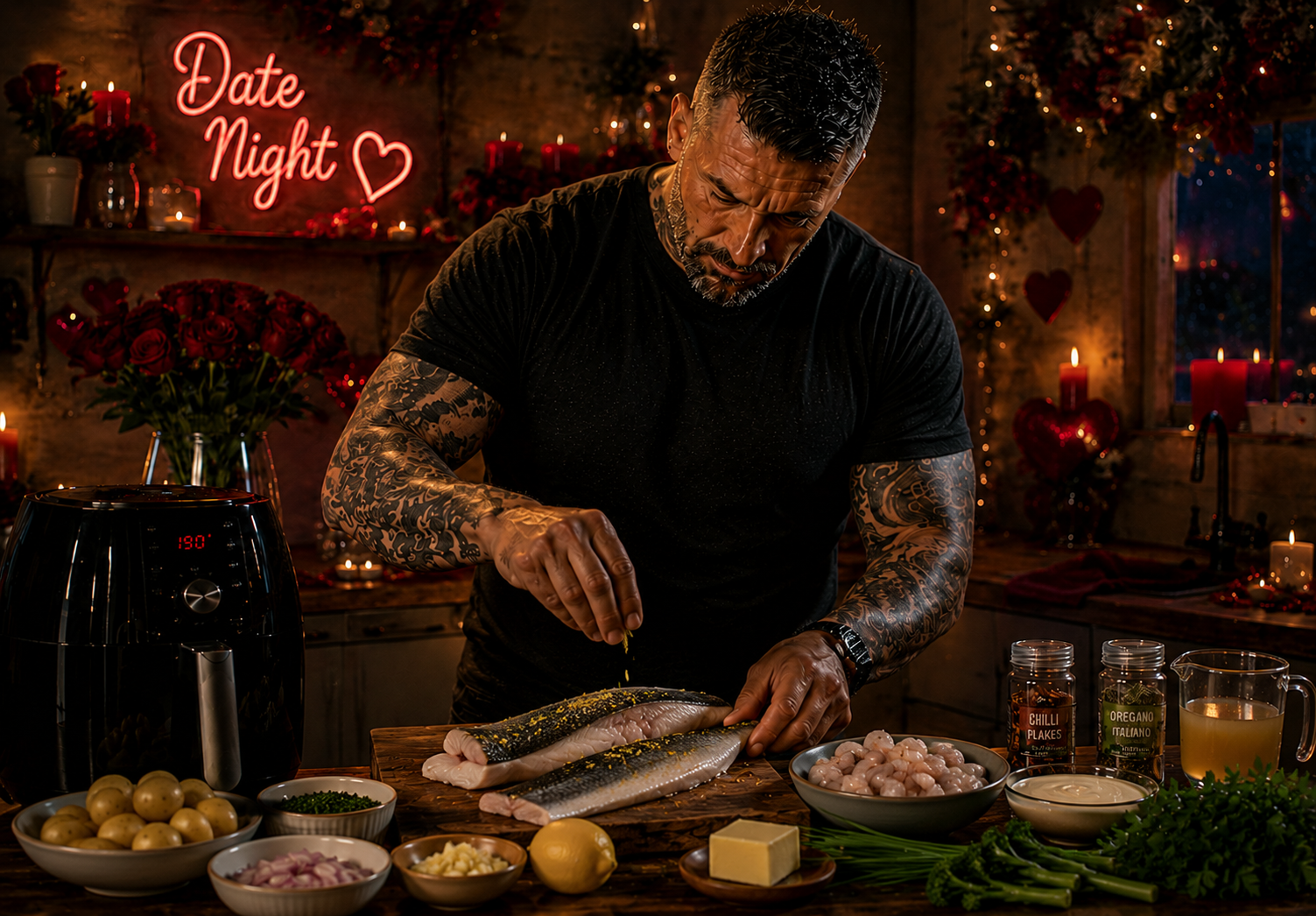 Air-Fryer Sea Bass with Champagne-Style Prawn Sauce preparation stage