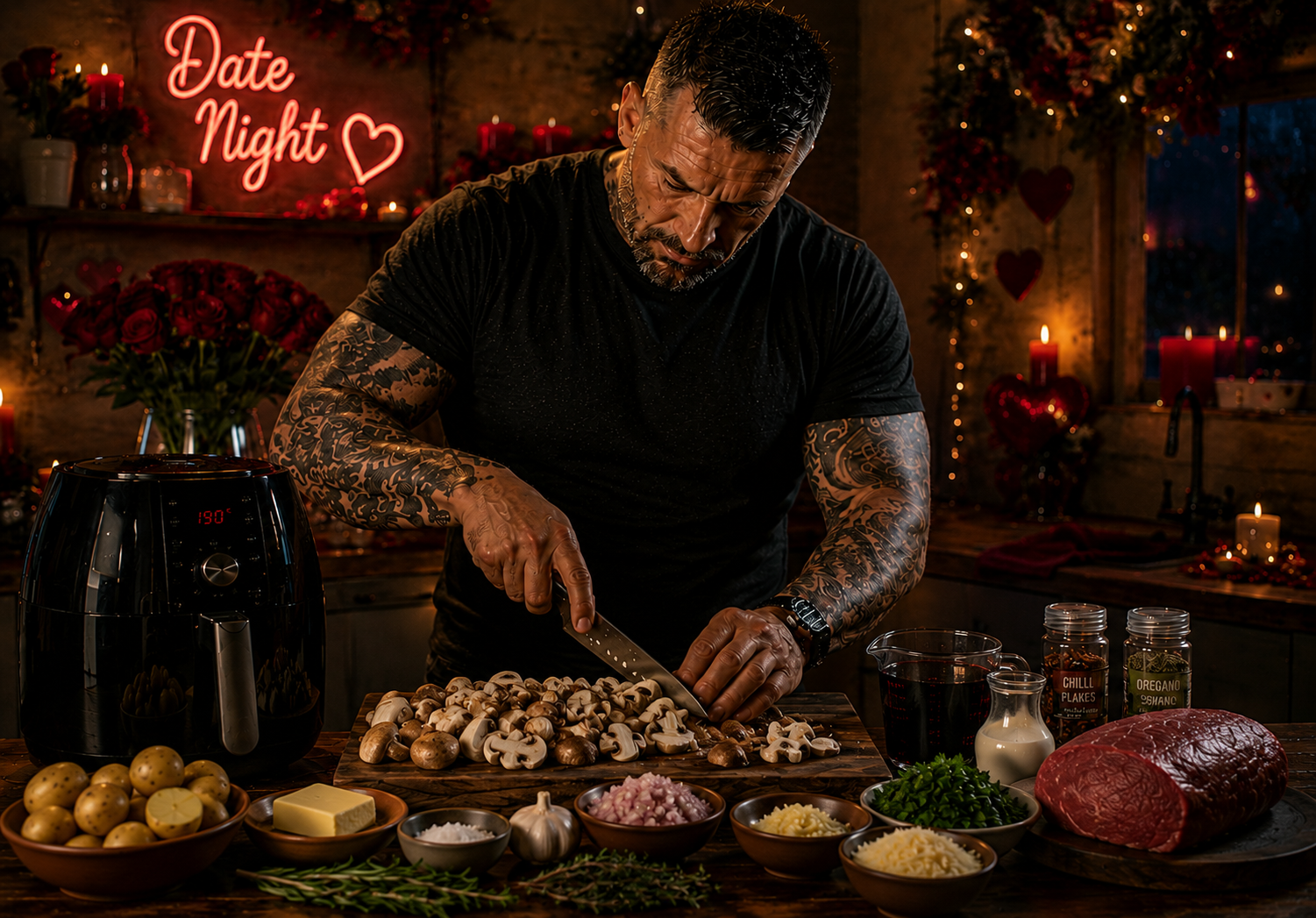 Air-Fryer Slow-Roasted Beef Tenderloin with Wild Mushroom Madeira Cream preparation stage