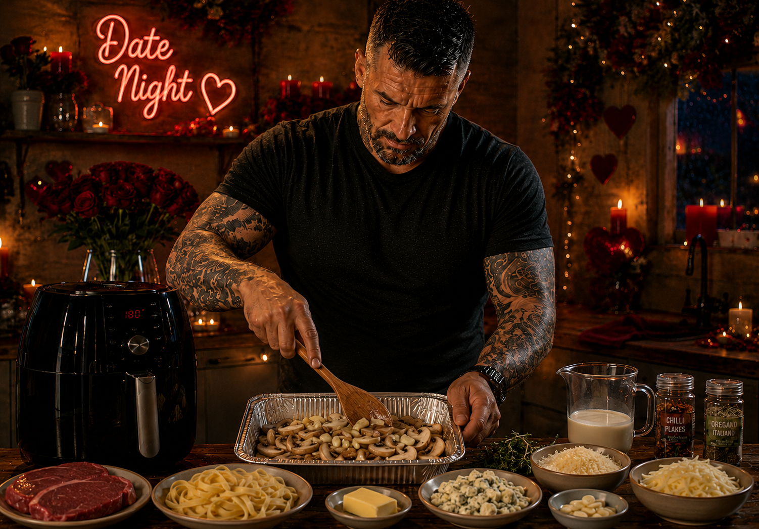 Air-Fryer Steak & Gorgonzola Tagliatelle Bake preparation stage