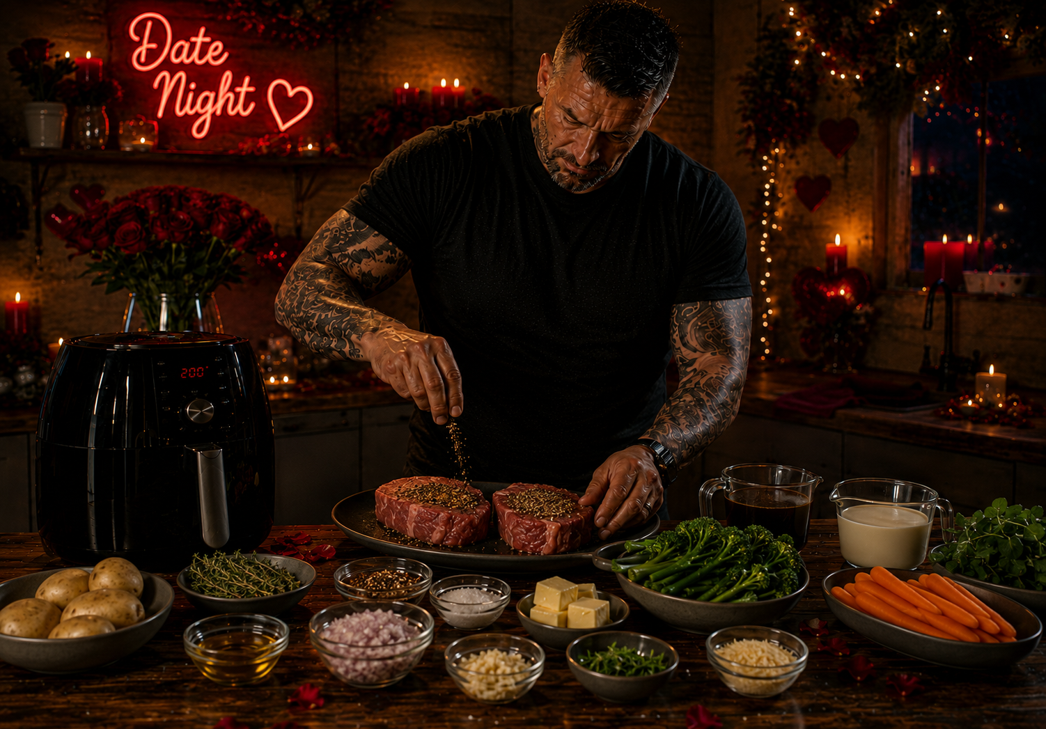 Air-Fryer Steak au Poivre with Parmesan Hasselback Potatoes preparation stage