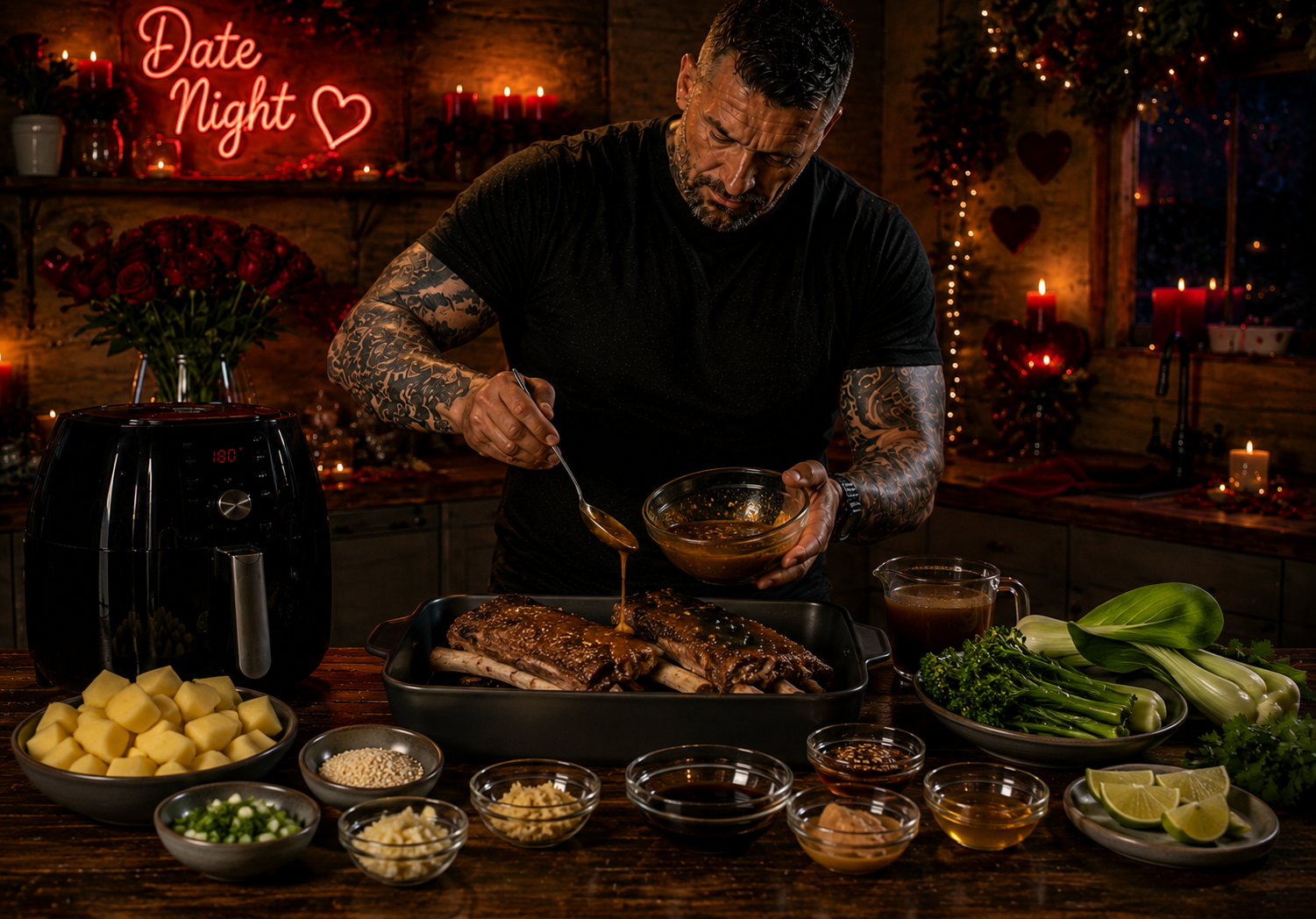 Air-Fryer Sticky Miso Beef Ribs with Wasabi Potato Crush preparation stage