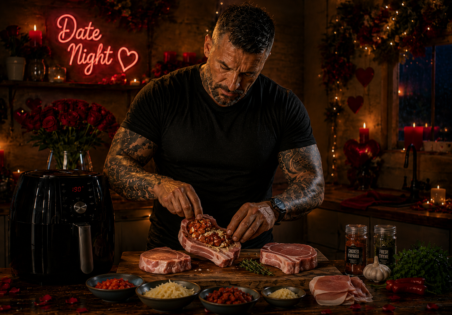 Air-Fryer Stuffed Iberico-Style Pork Chop with Manchego & Chorizo preparation stage