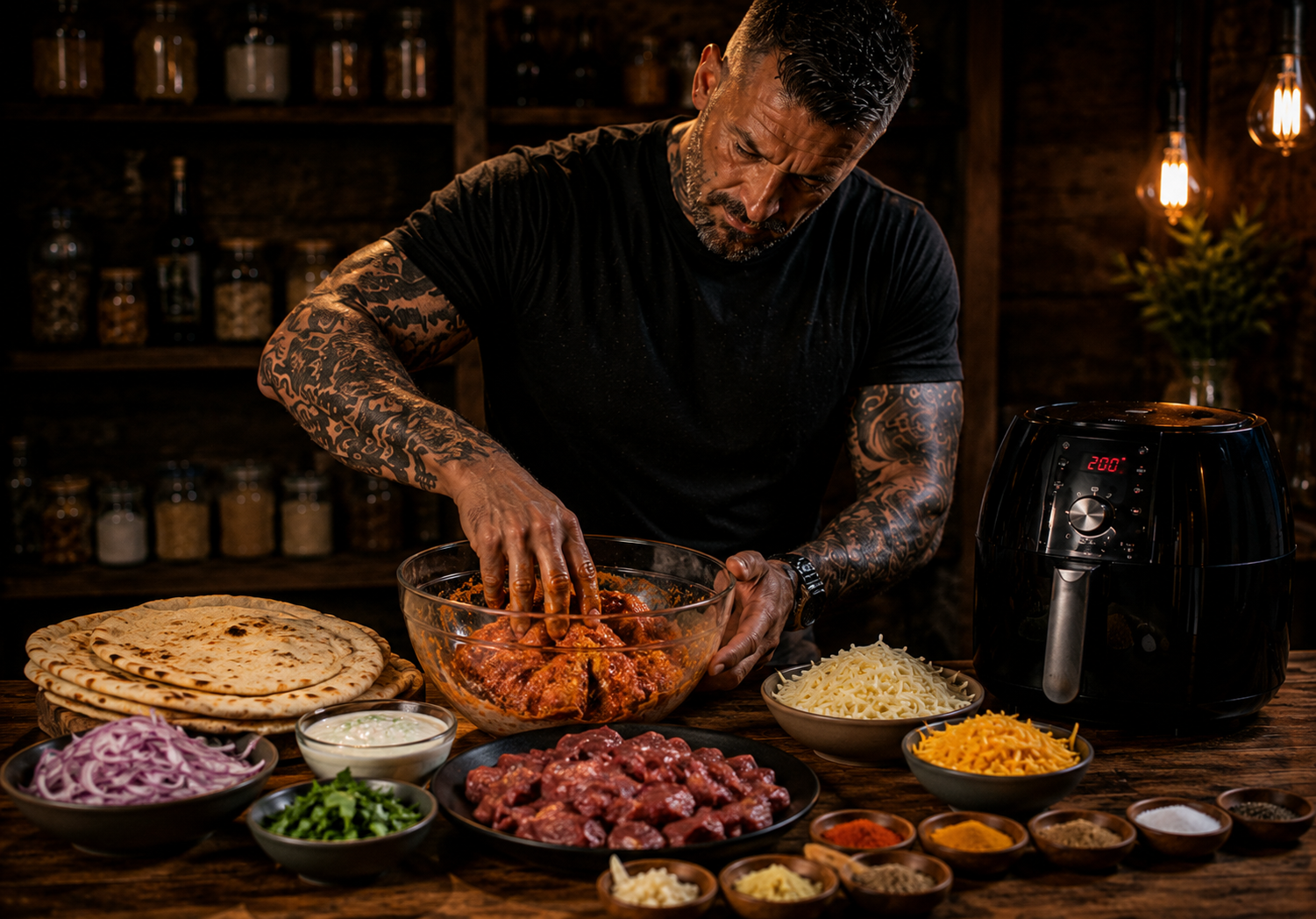 Air-Fryer Tandoori Lamb Flatbread Melts preparation stage