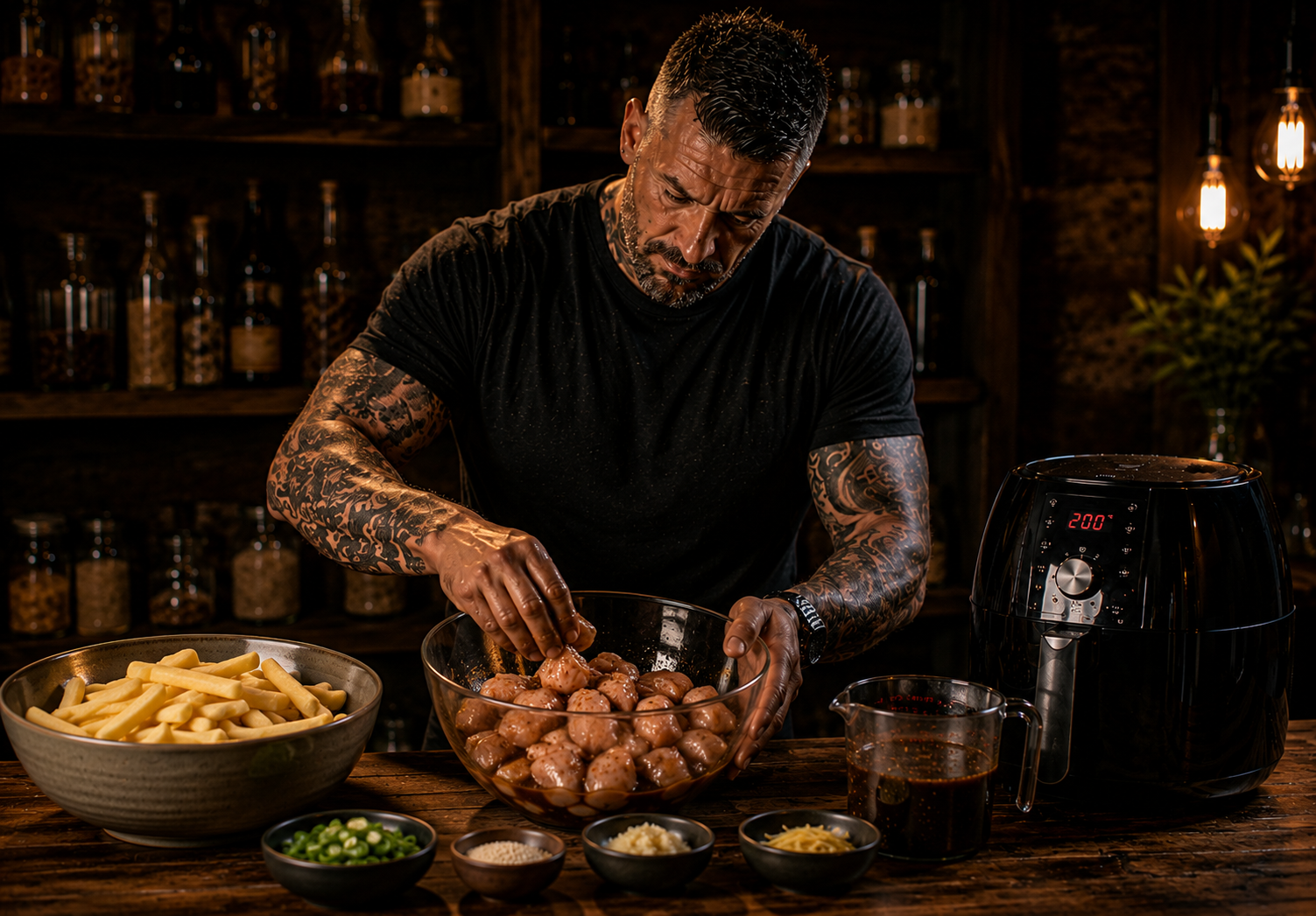 Air-Fryer Teriyaki Chicken Loaded Fries preparation stage