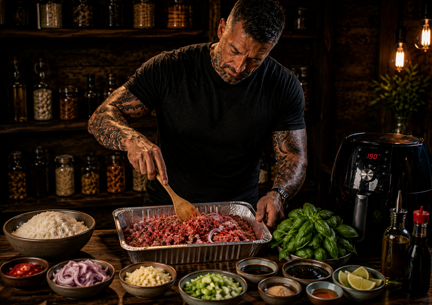 Air-Fryer Thai Basil Beef Loaded Rice preparation stage