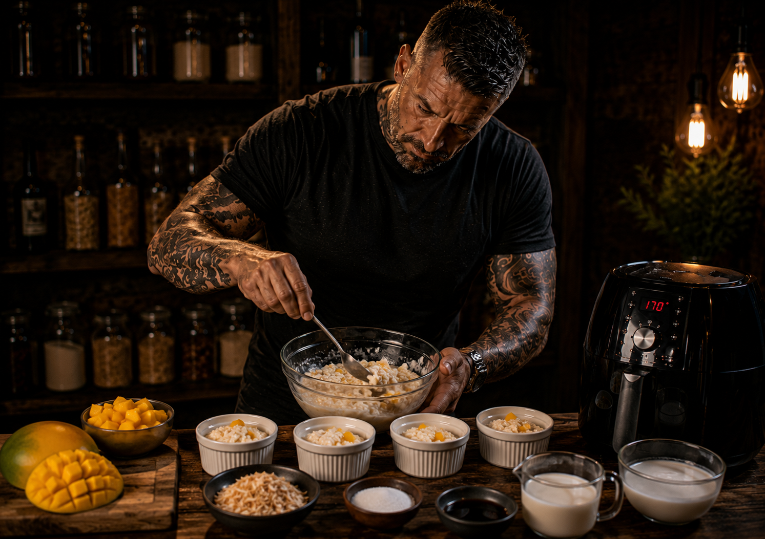 Air-Fryer Thai Mango Coconut Rice Pudding Pots preparation stage