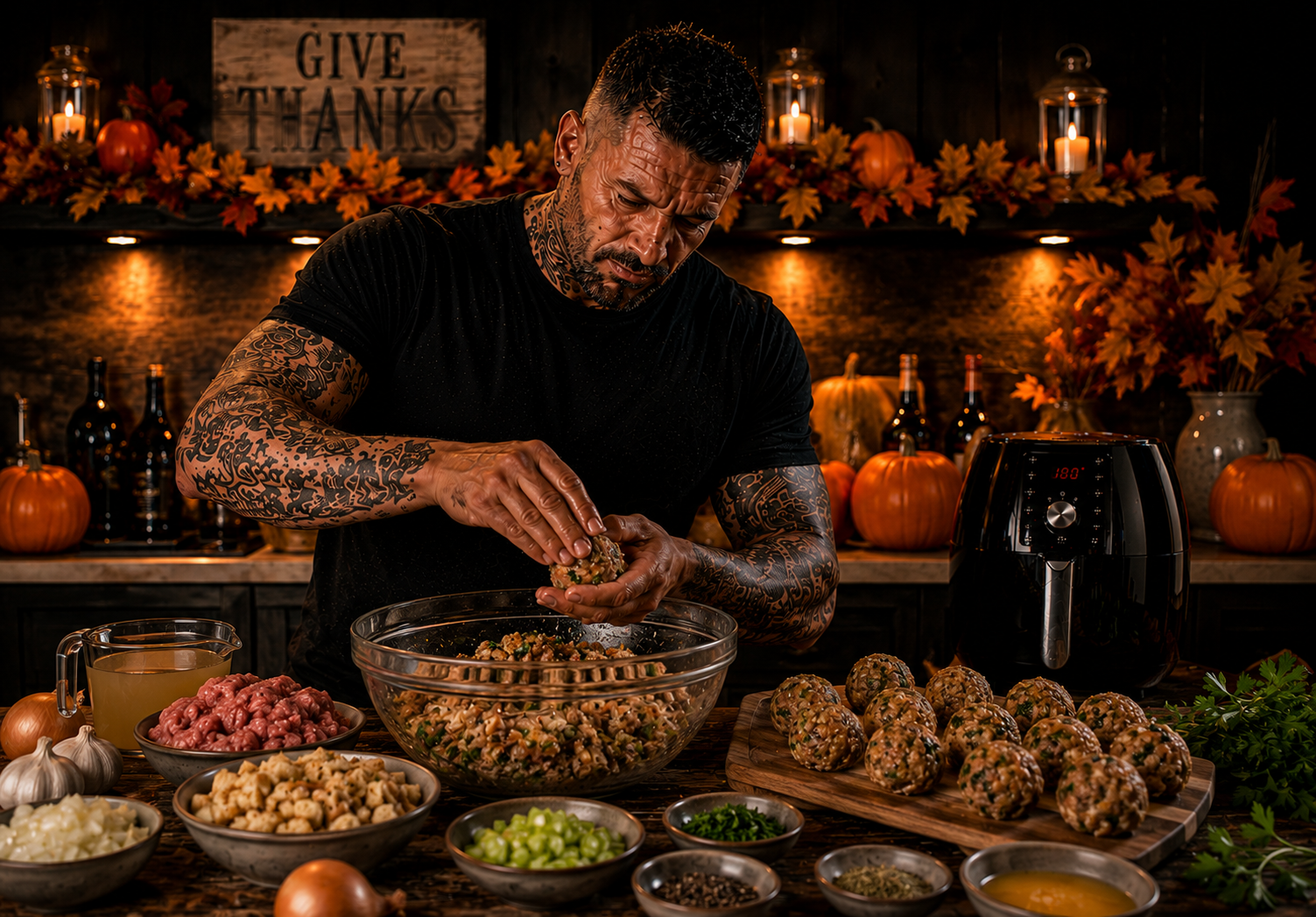 AIR-FRYER THANKSGIVING STUFFING BALLS preparation stage