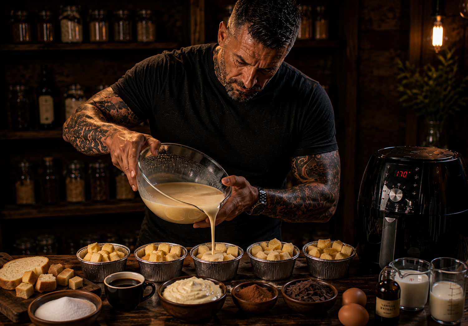 Air-Fryer Tiramisu Bread Pudding Pots preparation stage