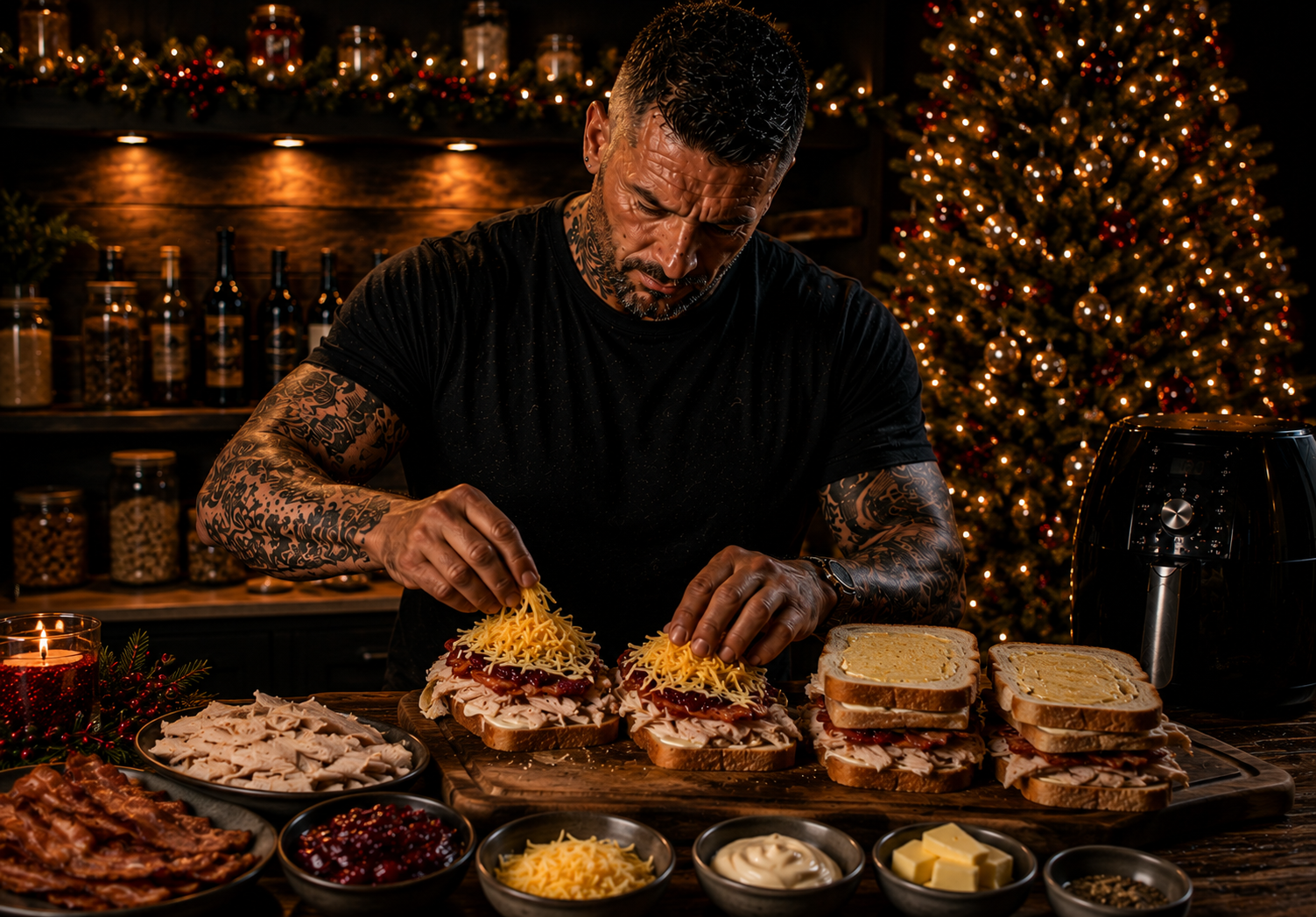 Air-Fryer Turkey Club Christmas Sandwich Melts preparation stage