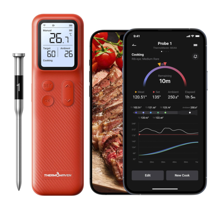 Wireless smart meat thermometer with phone app used for checking covered cooking