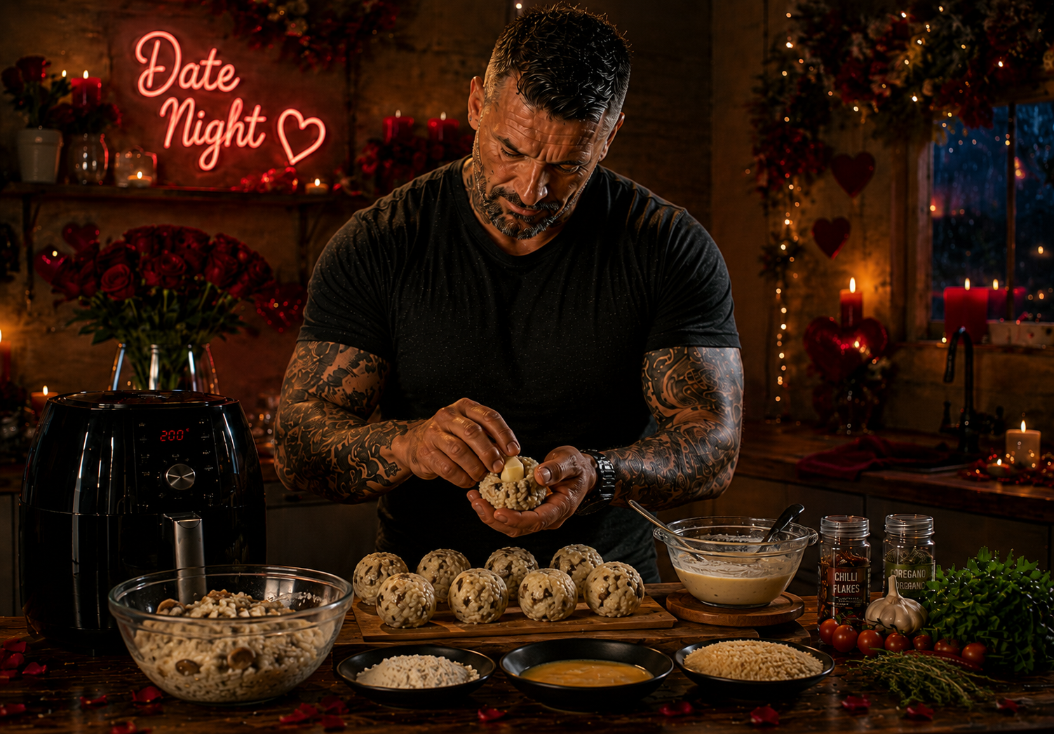Air-Fryer Truffle Mushroom Arancini with Parmesan Fondue preparation stage