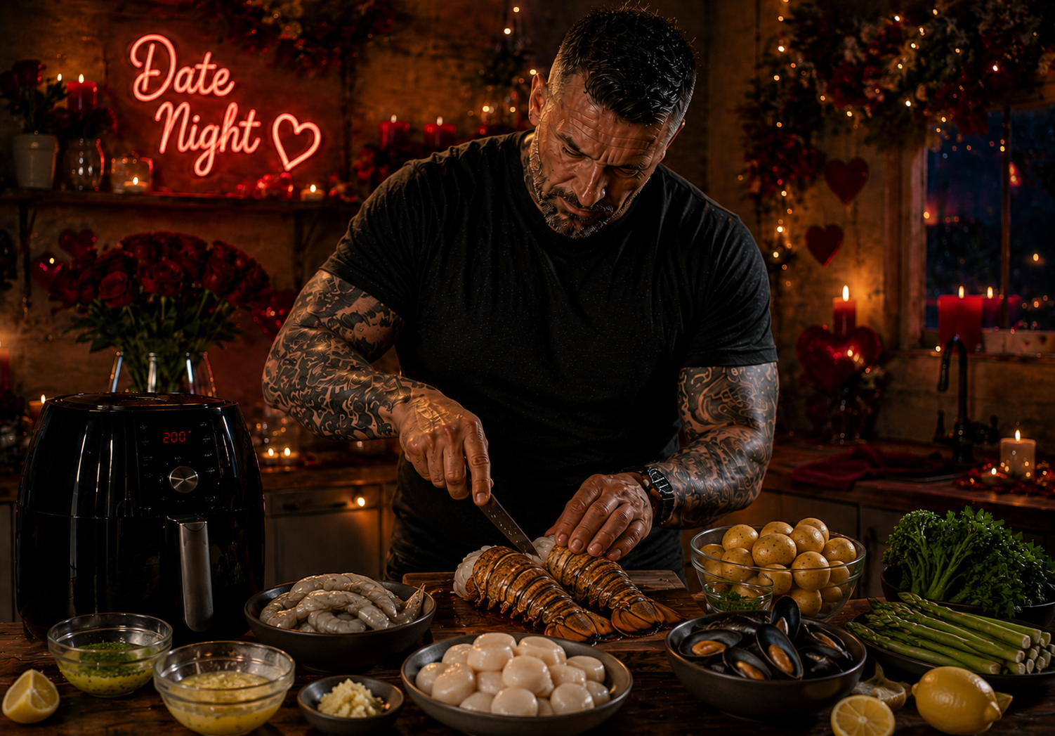Air-Fryer Ultimate Date Night Seafood Platter with Lobster, Scallops, King Prawns & Garlic Butter preparation stage