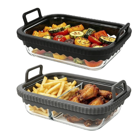 Glass baking tray for air fryer covered and uncovered bakes